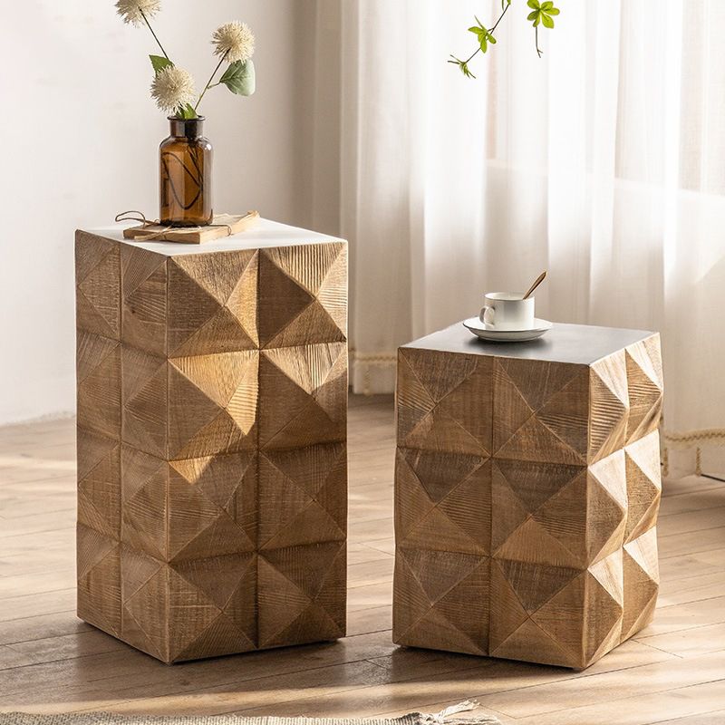 Rustic Solid Wood End Table Drum Square Shape Accent Side Table
