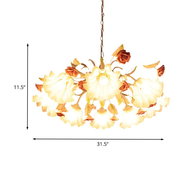 White Glass Scalloped Chandelier Lamp Korean Flower 9 Bulbs Living Room Ceiling Hang Fixture