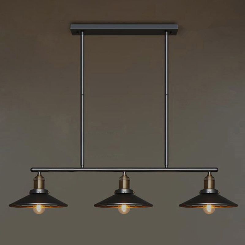 Antique Cone Shade Pendant Lighting 3 Heads Metallic Hanging Island Light in Black