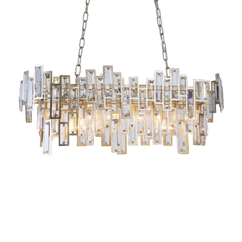 7 Bulbs Oval Frame Pendant Lamp Modern Black/Gold Clear Rectangular-Cut Crystals Encrusted Island Lighting