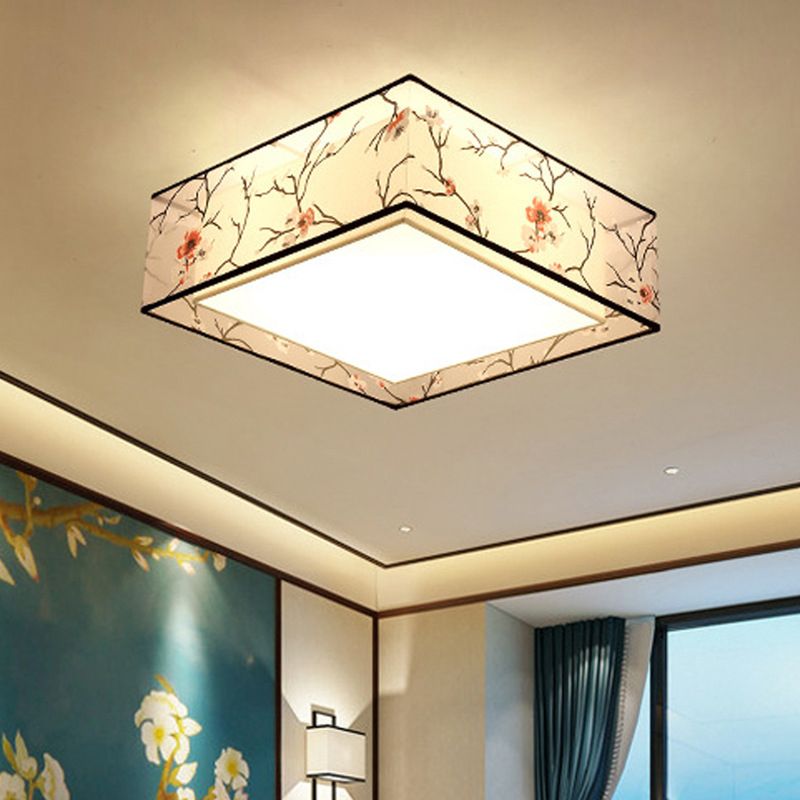 Plafonnier en fer forgé de style classique traditionnel, montage encastré géométrique d'intérieur avec abat-jour en tissu de lin