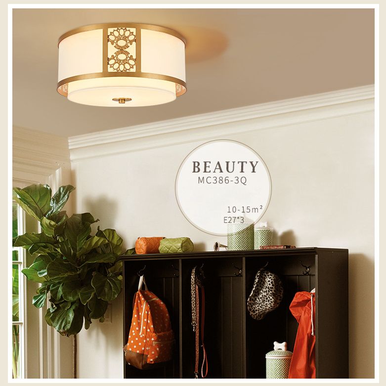 Brass Relief Design American Rustic Ceiling Light Drum Shaped Acrylic Shade Living Room Lighting Fixture