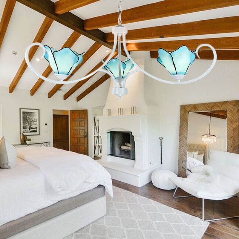 Lampadello di petalo di vetro colorato con lampadina a ciondolo a 3 luci tiffany rustico in metallo in blu