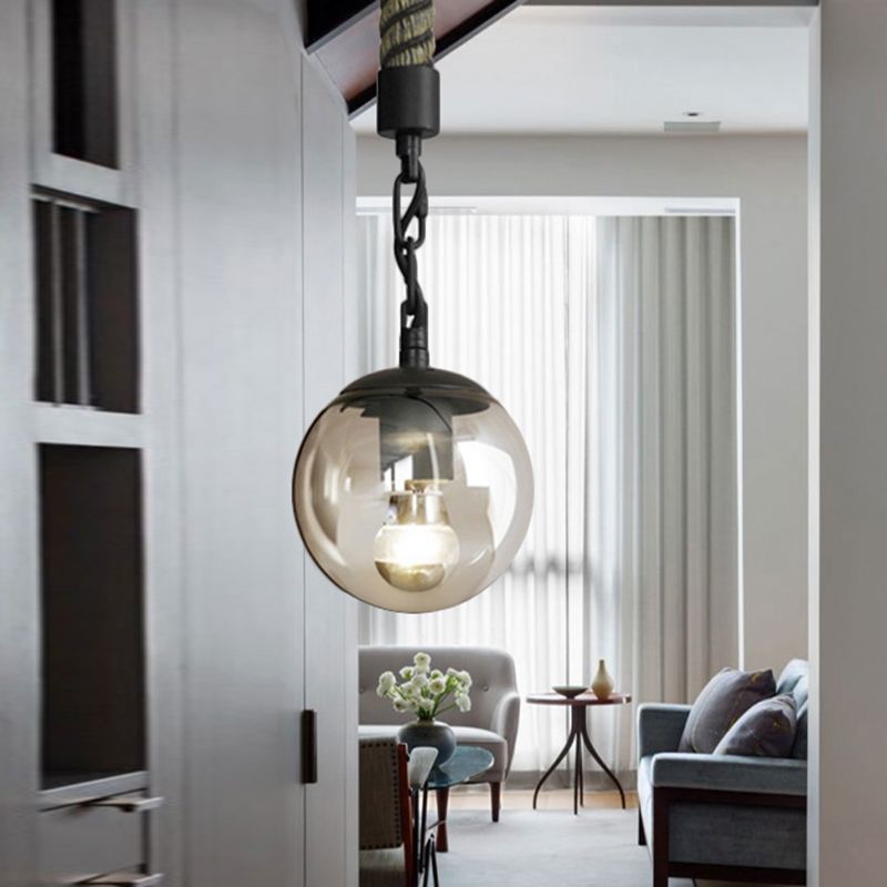 1 Light Tan Glass Pendant Light Lodge Stylish Black Finish Ball Restaurant Hanging Light with Rope