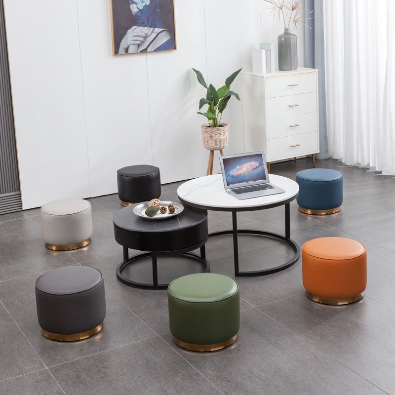 Glam Round Shape Ottoman Genuine Leather Upholstered Standard