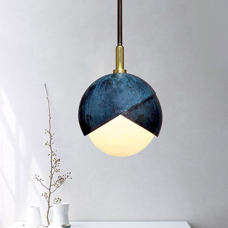 Milk Verre Mini Globe Pendant Light Vintage 1 Light Hanging Plafond Light With Blue Double Dome Cap