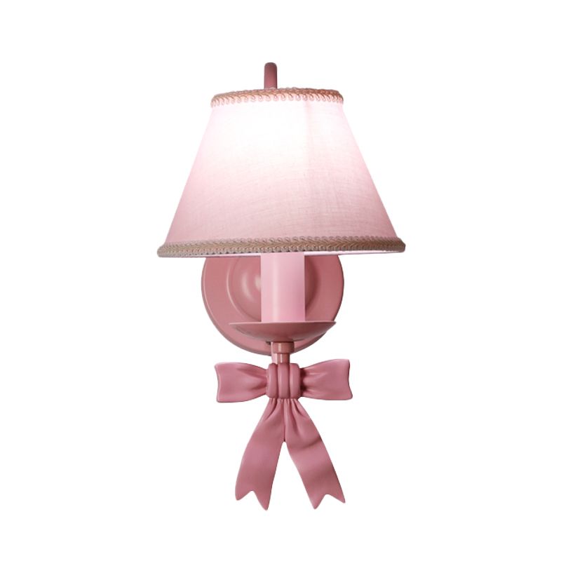 1/2-Light Bedroom Wall Mounted Light Macaron Pink Finish Bow Wall Lamp with Conic Fabric Shade