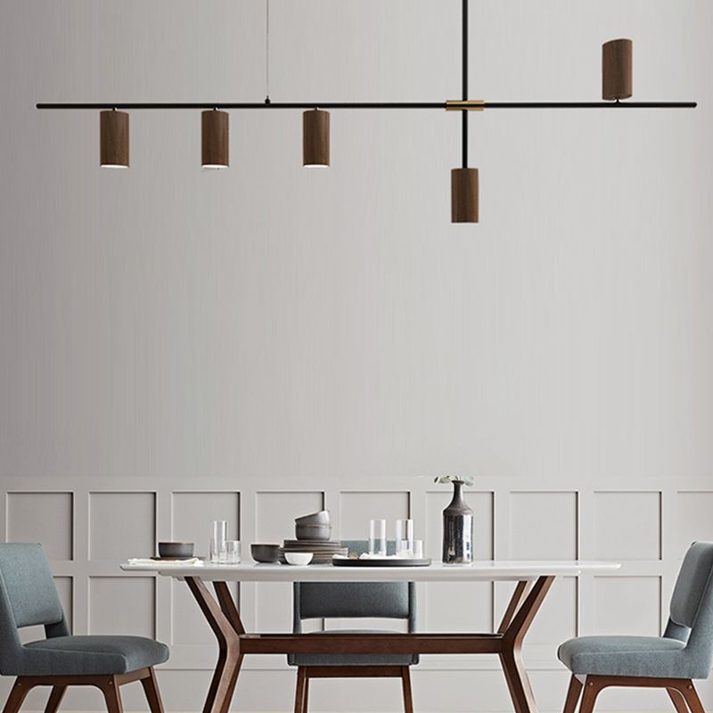 Modern Metal Island Lights Multi-Head Restaurant Hanging Lamp with Cylinder Walnut Shade
