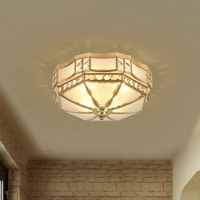 Classic Octagonal Ceiling Lighting Semi-Opaque Glass Flush Light Fixture with Crystal Accent in Brass