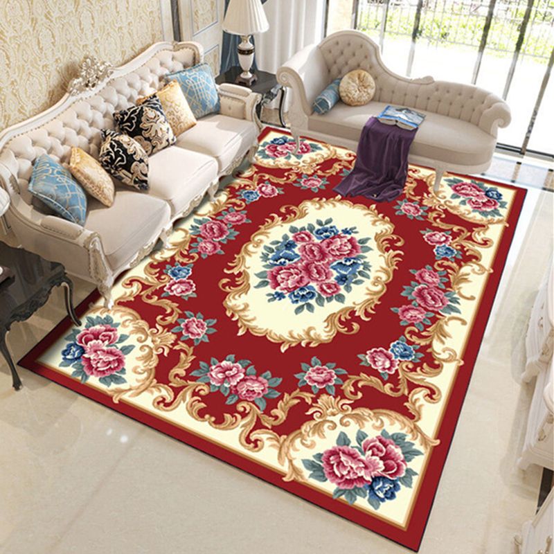 Antique Living Room Area Rug Flower Printed Polyester Carpet Stain Resistant Indoor Rug