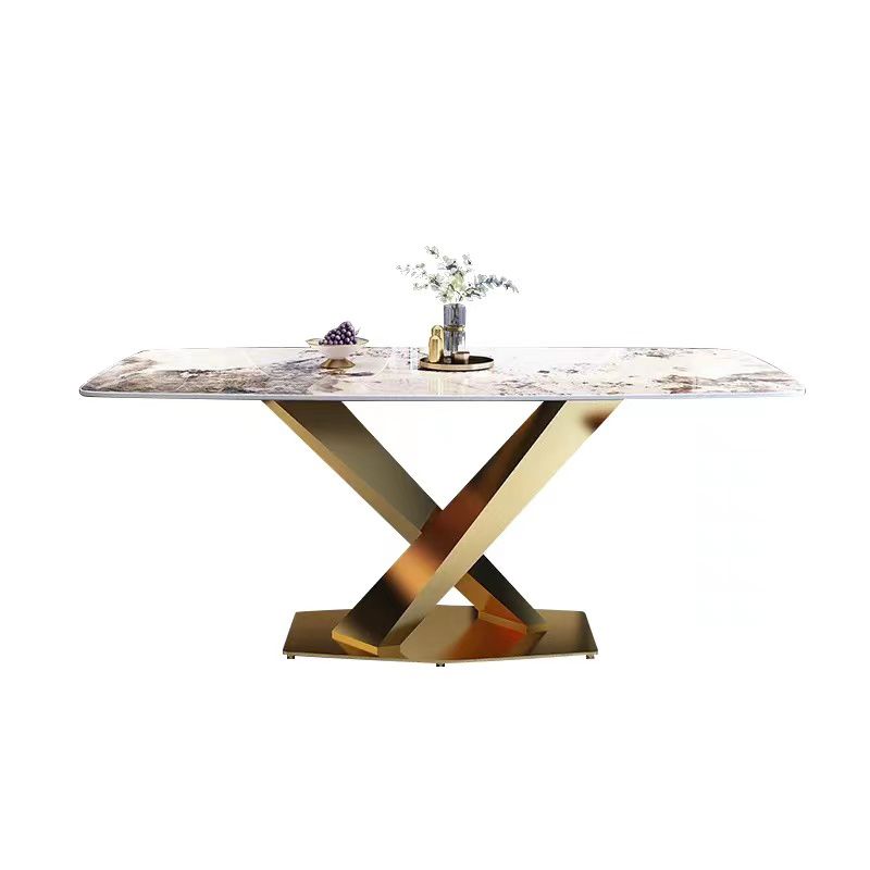 Gold Base Pedestal Dining Table Traditional Luxury Rectangle Stone Dinner Table