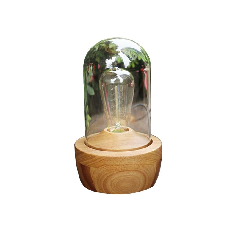 1 table de cylindre de tête Lumière de nuit en verre transparent moderne lampe en bois pour la chambre