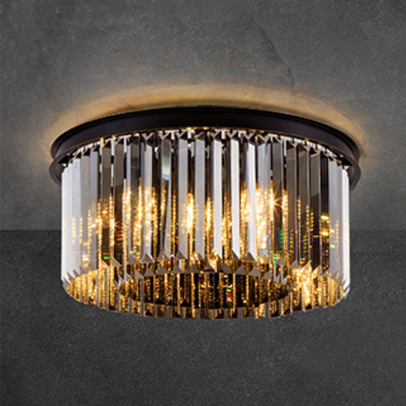 Gray Modern Metal Flush Mount Circle Shape Ceiling Lamp with Crystal Shade for Living Room