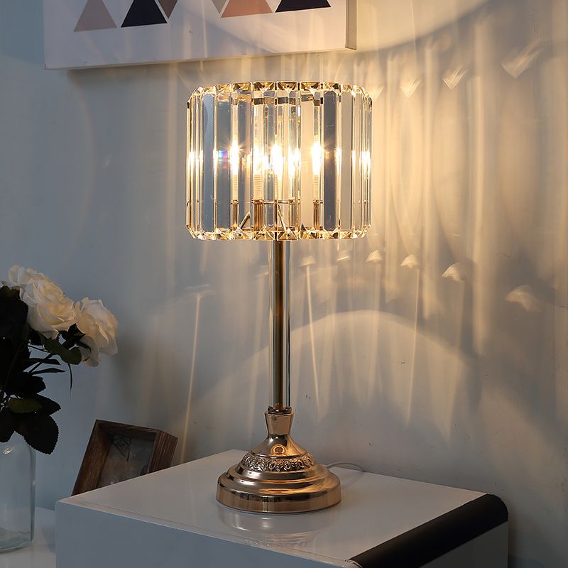 1 Luz de mesa de bulbo con tono de tambor Cristal transparente Lámpara de mesita de noche moderna en champán, 10 "/8" W