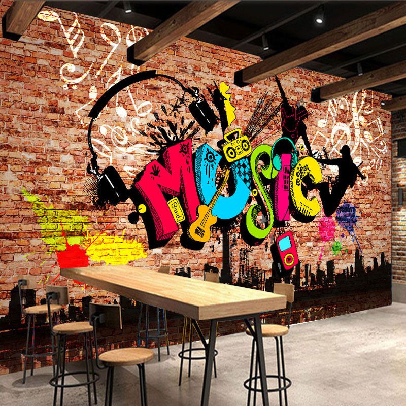 Novelty Brick and Graffiti Mural Wallpaper for Accent Wall, Customized Wall Art in Multi-Color