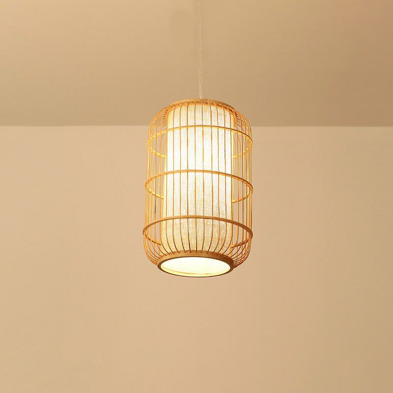 Oval Hanging Ceiling Lantern Chinese Bamboo Single Wood Pendant Lamp with Shade Inside