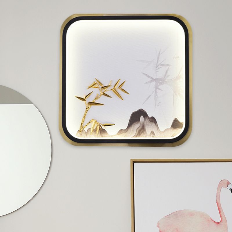 Rectangle/Square Bedroom Wall Lighting Metal LED Oriental Style Mural Lamp in Gold with Bamboo and Mountain Pattern