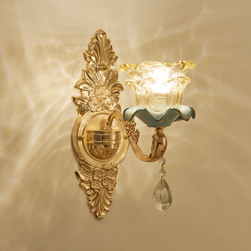 Gold Floral Wall Light Fixture Vintage Glass Living Room Wall Mounted Lamp with Crystal Accent