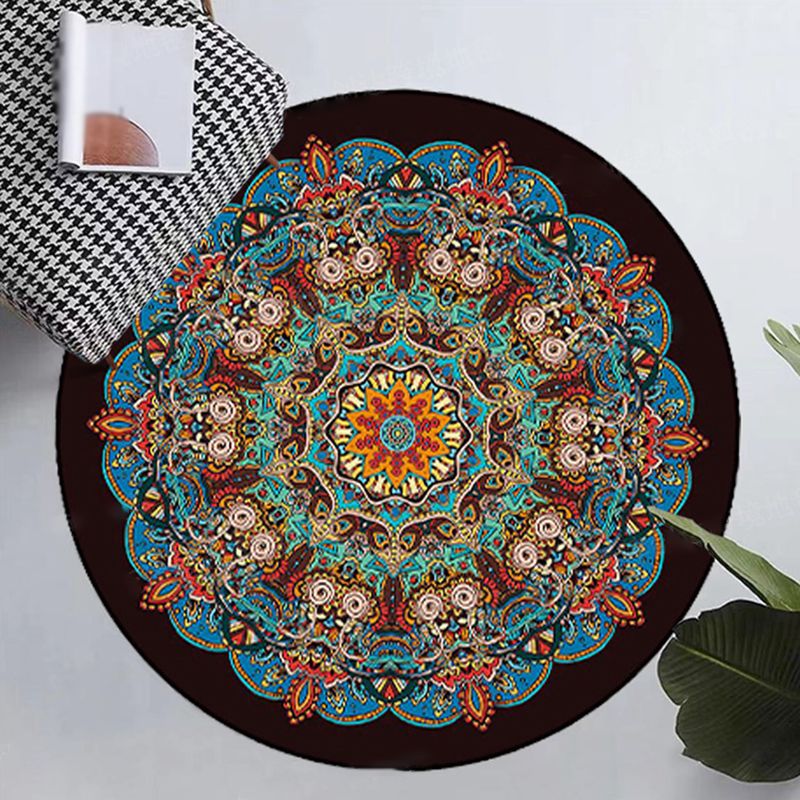 Mid-Century Round Rug Moroccan Medallion Printed Carpet Non-Slip Backing Carpet for Living Room