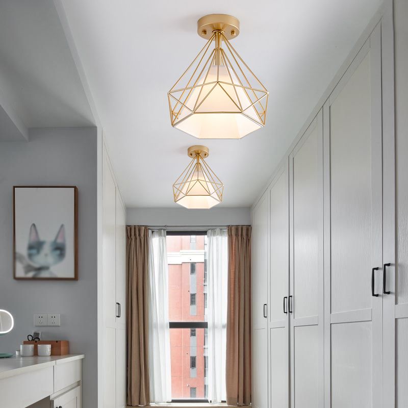Metal Geometric Shade Flush Ceiling Light Industrial 1 Light Ceiling Light Fixture in Gold