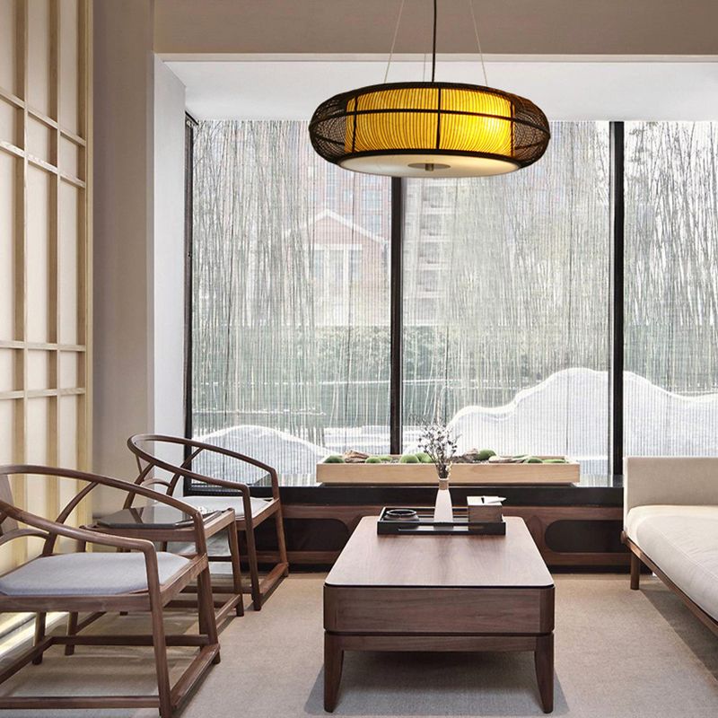 Modern Stylish Drum Shade Hanging Pendant Light Bamboo 3-Head Dining Room Ceiling Light in Black/Wood