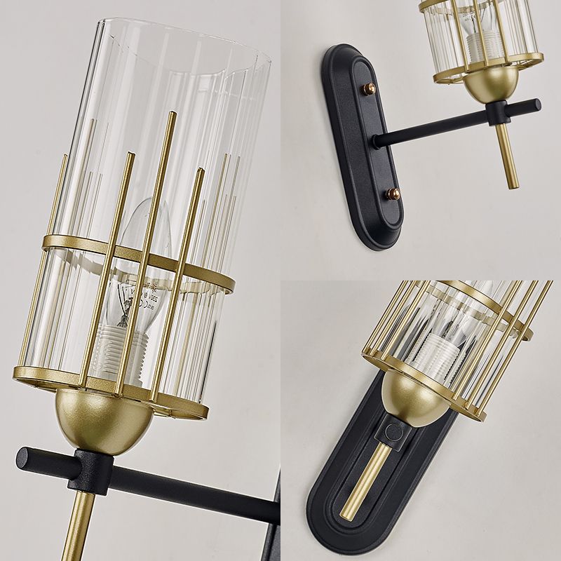 Black Armed Sconce Traditionary Metal 1 Head Wall Mounted Lighting with Clear Glass Cylinder Shade for Bedside