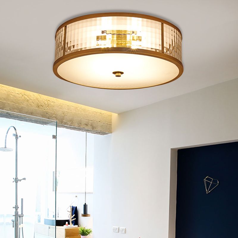 3/4/5 Bulbs Drum Ceiling Mount Colonial Brass Frosted Crystal Glass Flush Light Fixture for Bedroom, 14"/18"/23.5" W