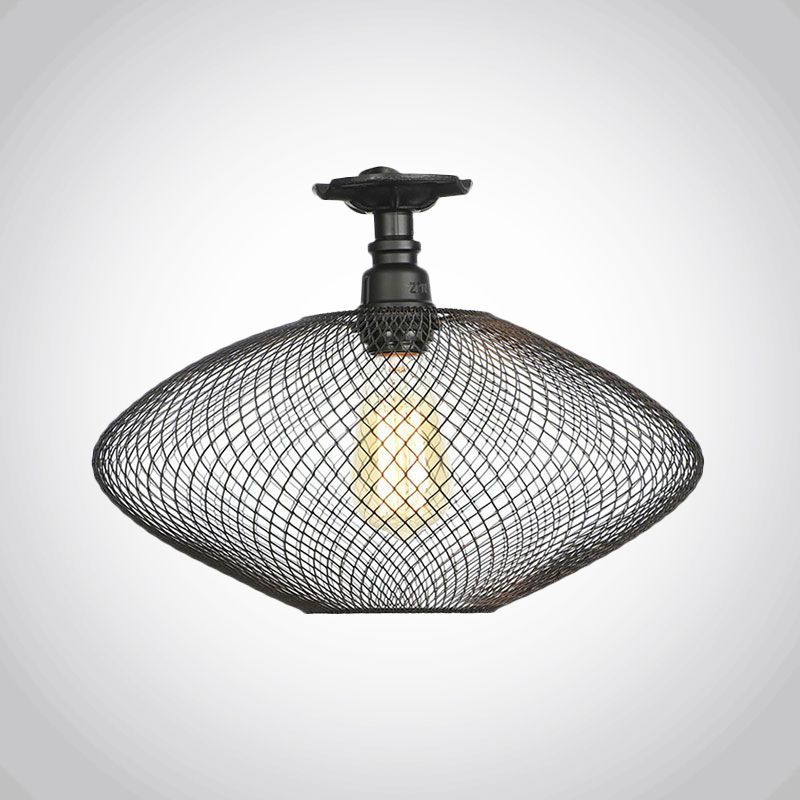 1 Bulb Saucer/Barrel Semi Flush Light Industrial Stylish Black Finish Metal Ceiling Mounted Light with Mesh Screen