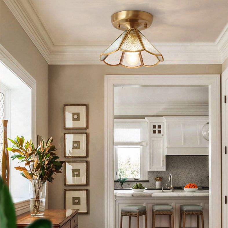 Lámpara de montaje en techo de vidrio, lámpara montada en techo de pasillo festoneado dorado minimalista