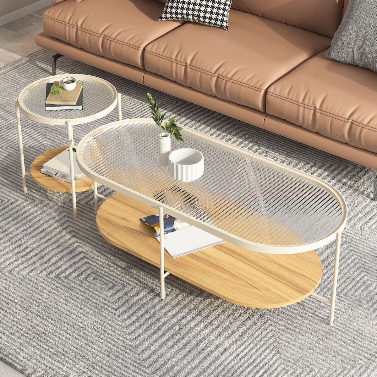 4 Legs Metal Coffee Table Shelf Included Oval Glass Top Cocktail Table