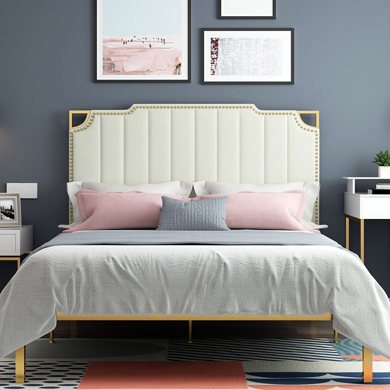 Contemporary Leather Bed Beige Upholstered Bed Frame with Nailhead Trim