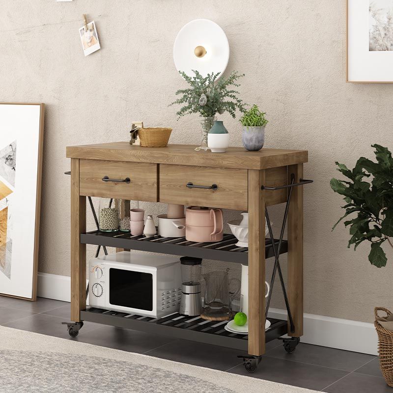 Rolling Solid Wood Kitchen Island Home Dining Kitchen Trolley with Towel Rack