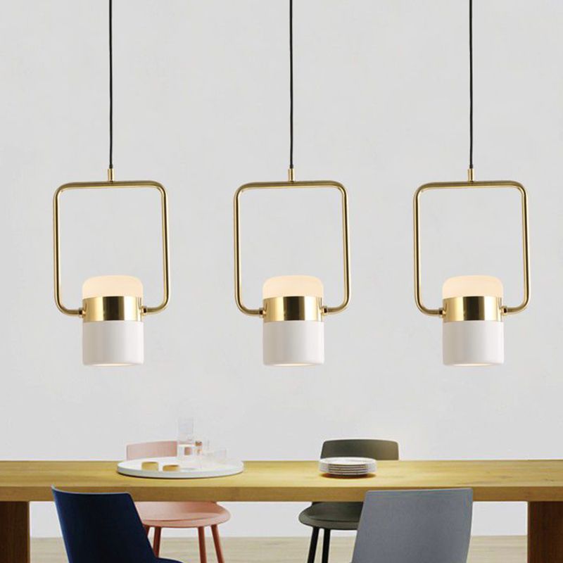 Square Frame Pendant Ceiling Light Modern Metal 1 Head Gold Hanging Light Kit with Cylinder White Glass Shade