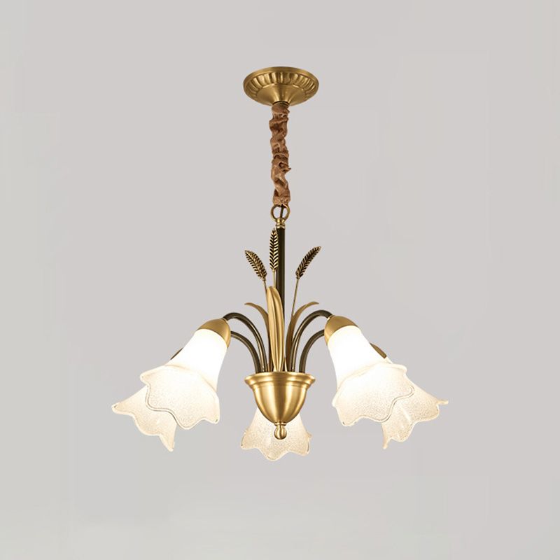 Flower Dining Room Chandelier Lighting Classic Cream Frosted Glass Gold Pendant Light