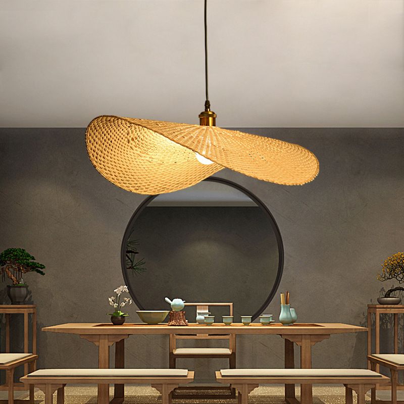 1-Light Beige Bamboo Suspended Lighting Fixture Chinese Pendant Light Kit