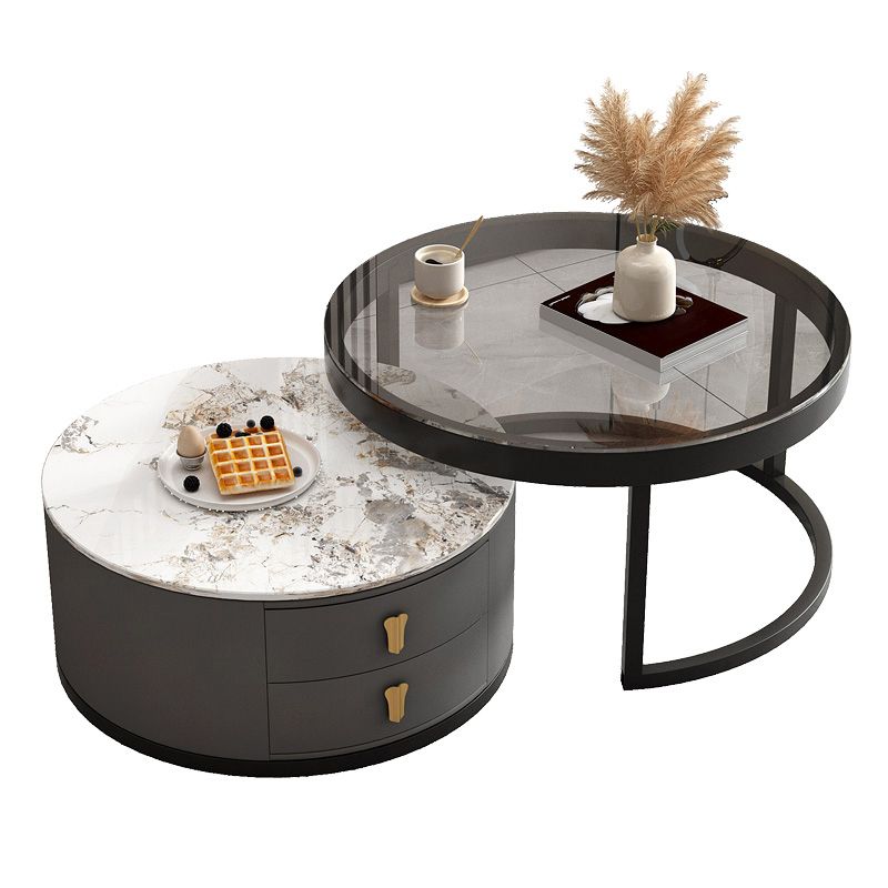 Modern Round Glass Cocktail Table Set Iron Frame Coffee Table with Drawers