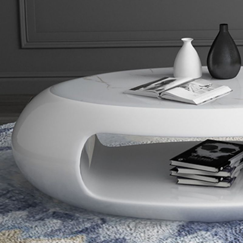 Modern Oval Coffee Table with Storage Shelf and Plastic Pedestal Base