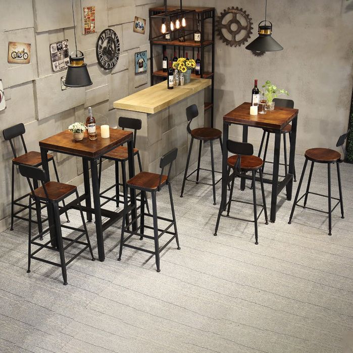 Contemporary Square Footrest Bar Table Brown Solid Wood Top Bar Table