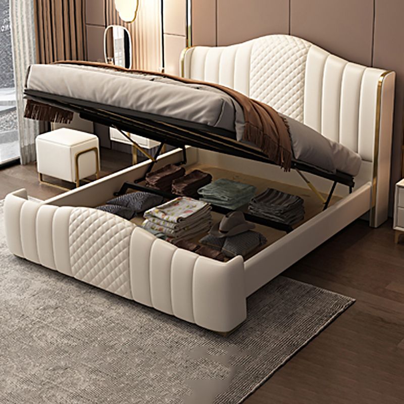 Glam Beige Standard Bed Camel Back Pine Wood and Metal Panel Bed