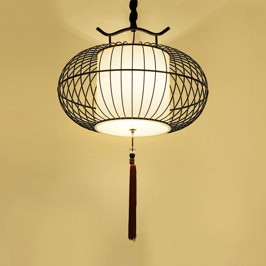 Style chinois 1 lumière suspendue suspendue avec ombre à bambou Black / Gol Lantern plafond pour intérieur, 16 "/21,5" W