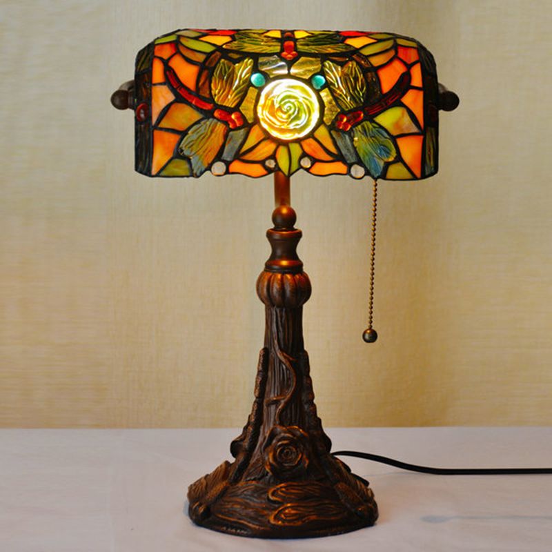 Dragonfly and Flower Cut Glass Banker Lighting Tiffany Style 1-Light Yellow Pull Chain Nightstand Lamp