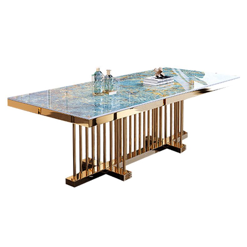 Luxe gesinterde stenen bovenste eettafel in blauwe rechthoektafel met gouden metalen voetstuk