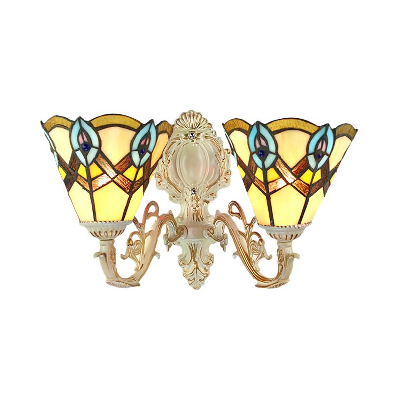 Cone Gallery Wall Light with Carved Arm Stained Glass 2 Heads Tiffany Victorian Wall Lamp in Beige
