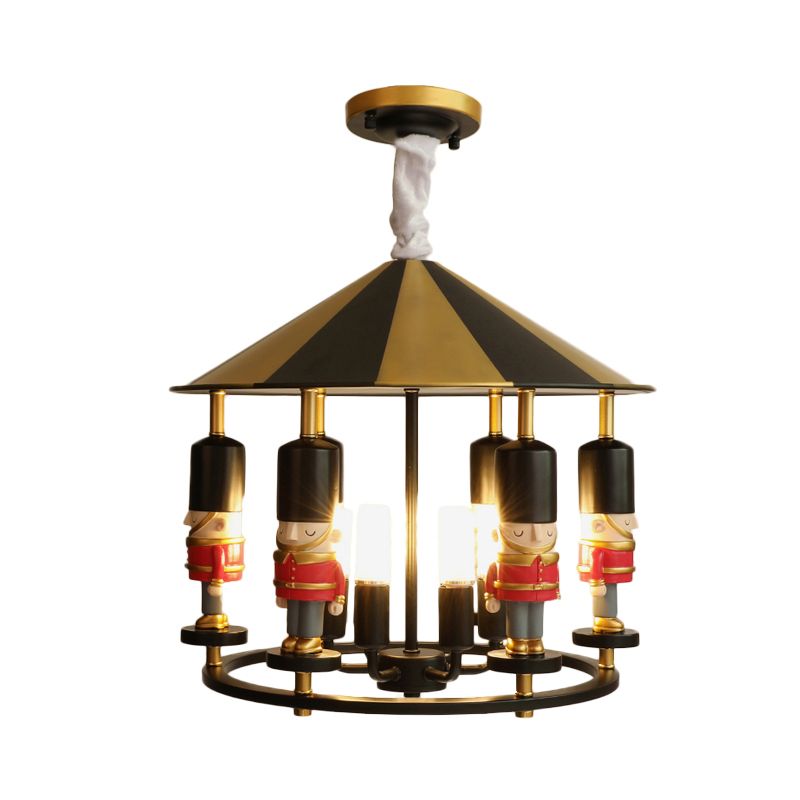 Merry-Go-Round Soldier Chandelier Kids Style Resin 5-Head Black/Blue Hanging Light Fixture