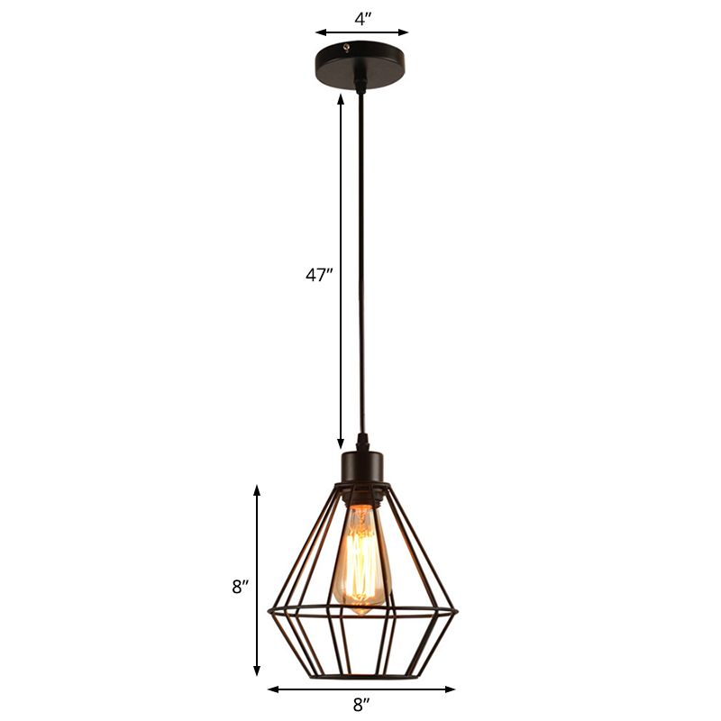 1-Light Pendant Light Fixture Modern Diamond Cage Metal Hanging Lamp in Black for Restaurant