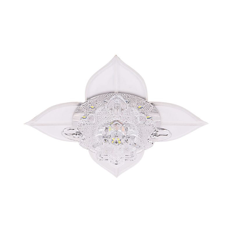 Petal Faceted Crystal Ceiling Flush Modernist LED Bedroom Flush Light Fixture in White with Leaf, Warm/White/Multi Color Light