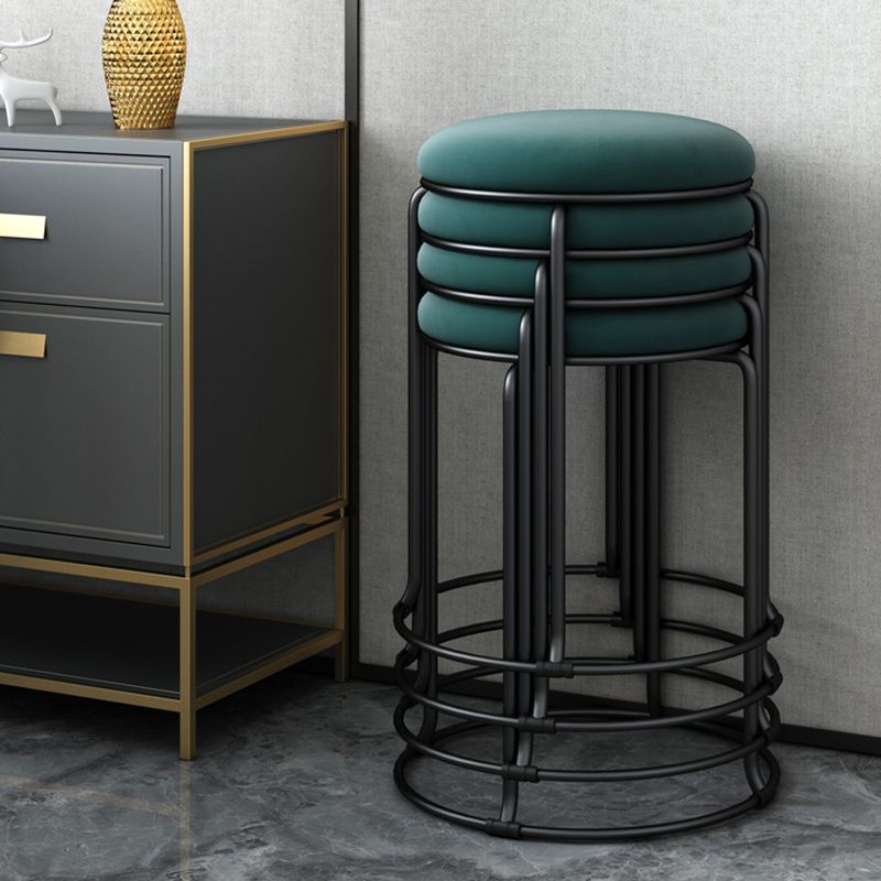 Linen Blend Ottoman Metal Frame Round Upholstered Contemporary Solid Pouf