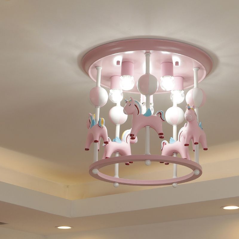 Cartoon Merry-Go-Round Semi Flush Resin 6 Heads Dormitorio Flush Lighting Lights