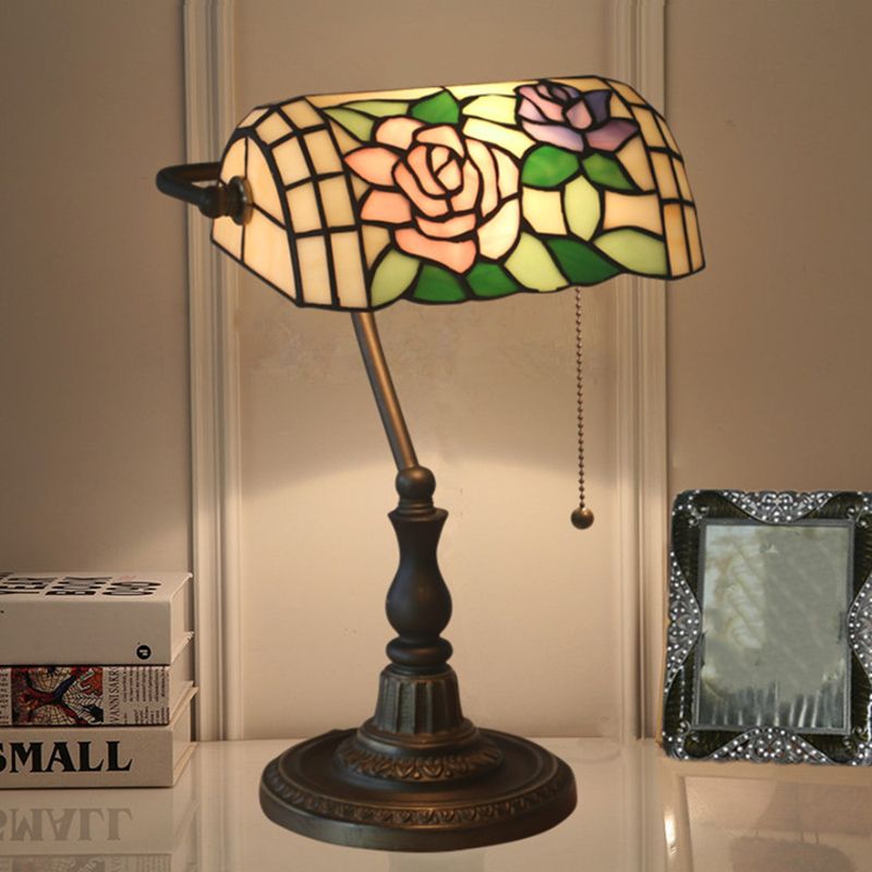 1 Light Bedside Table Lamp Tiffany Style Bronze Nightstand Light with Dragonfly Stained Glass Shade