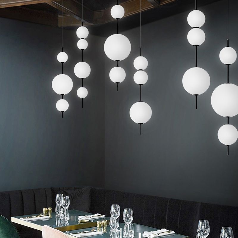 Ball Dining Room Pendulum Light Cream Glass LED Modernity Chandelier Lighting Fixture in Black